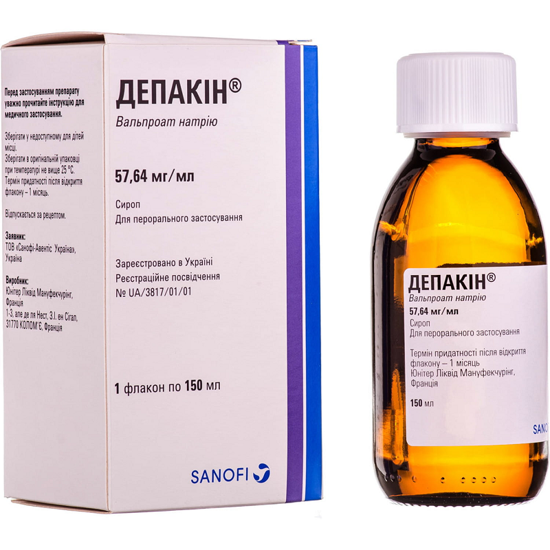 ДЕПАКІН® сироп, 57,64 мг/мл, № 1: по 150 мл у флаконі, по 1 флакону з дозуючим пристроєм в картонній коробці